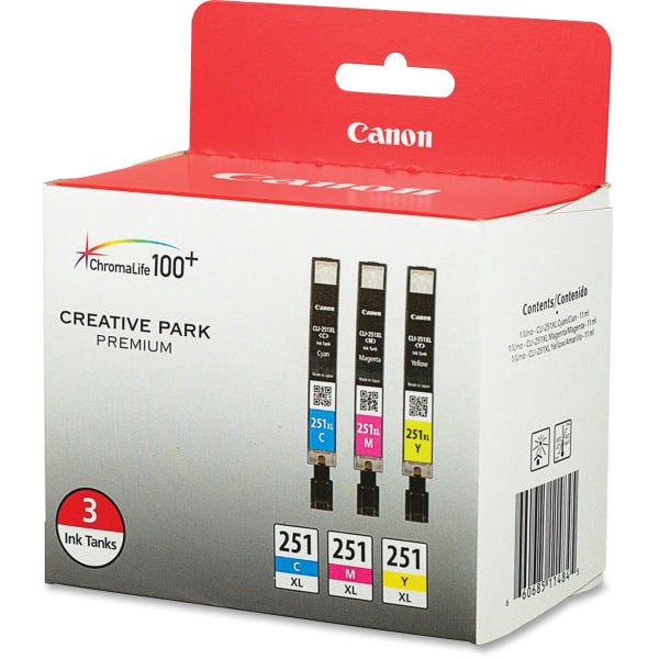 slide 2 of 3, Canon 251 Xl High-Yield Cyan/Magenta/Yellow Ink Cartridges, Pack Of 3, 3 ct