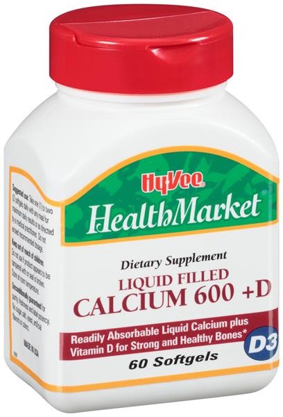 slide 1 of 1, Hy-Vee HealthMarket Liquid Filled Calcium 600 + D3 Dietary Supplement Softgels, 60 ct