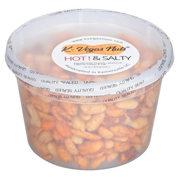 slide 1 of 1, K Vegas Hot & Salty Nuts Tub, 16 oz