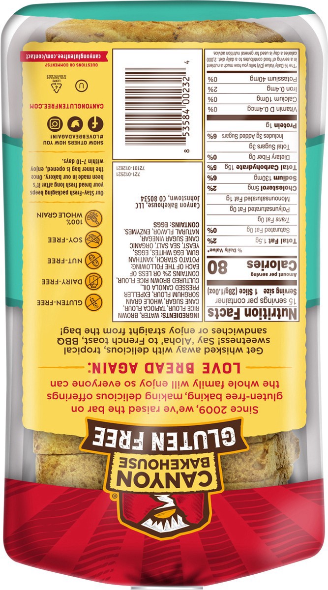 slide 2 of 8, Canyon Bakehouse Hawaiian Sweet Gluten Free Bread, Whole Grain Sandwich Bread, Fresh, 15 oz Loaf, 15 oz