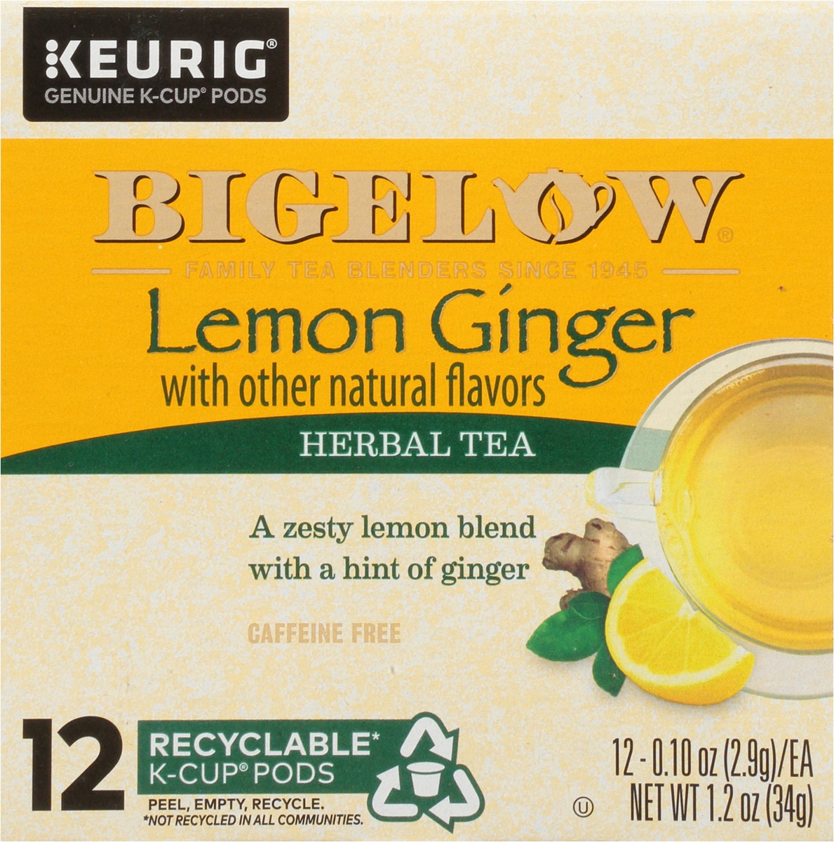 slide 4 of 12, Bigelow Lemon Ginger Herbal Tea 12 ct K-Cup Pods 1.2 oz. Box - 12 ct, 12 ct