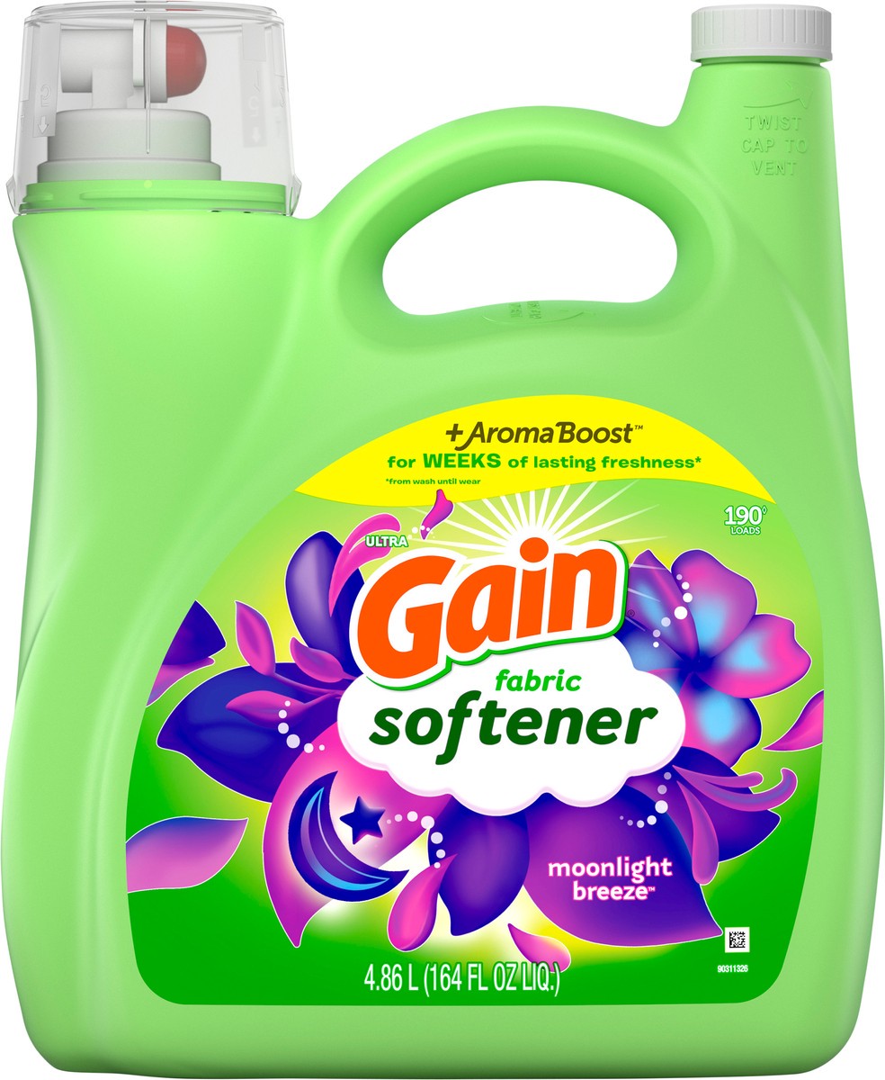 slide 5 of 6, Gain Liquid Fabric Conditioner, Moonlight Breeze Fabric Softener, 190 loads, 164 fl oz, 164 fl oz