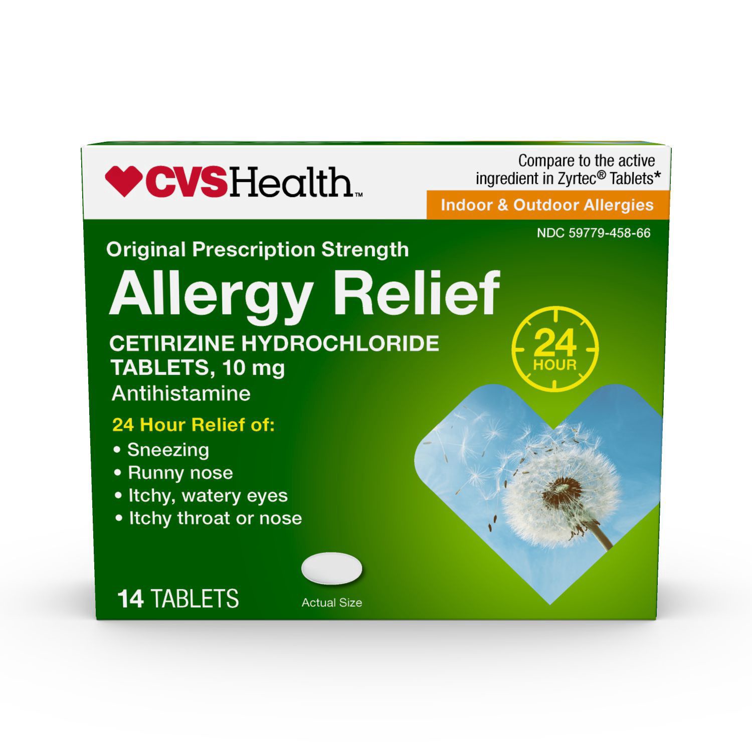 slide 1 of 1, Cvs Health 24Hr Allergy Relief Tablets, 10Mg Cetirizine Hcl, 14 Ct, 14 ct