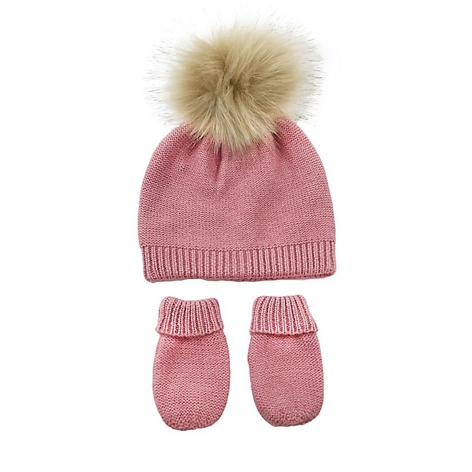 slide 1 of 3, NYGB Infant Garter Stitch Pom Hat and Mitten Set - Rose Quartz, 2 ct