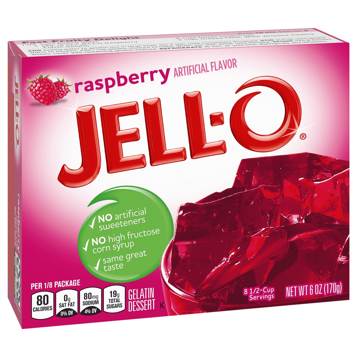 slide 4 of 9, Jell-O Raspberry Artificially Flavored Gelatin Dessert Mix, Family Size, 6 oz Box, 6 oz