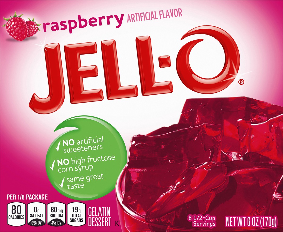 slide 2 of 9, Jell-O Raspberry Artificially Flavored Gelatin Dessert Mix, Family Size, 6 oz Box, 6 oz