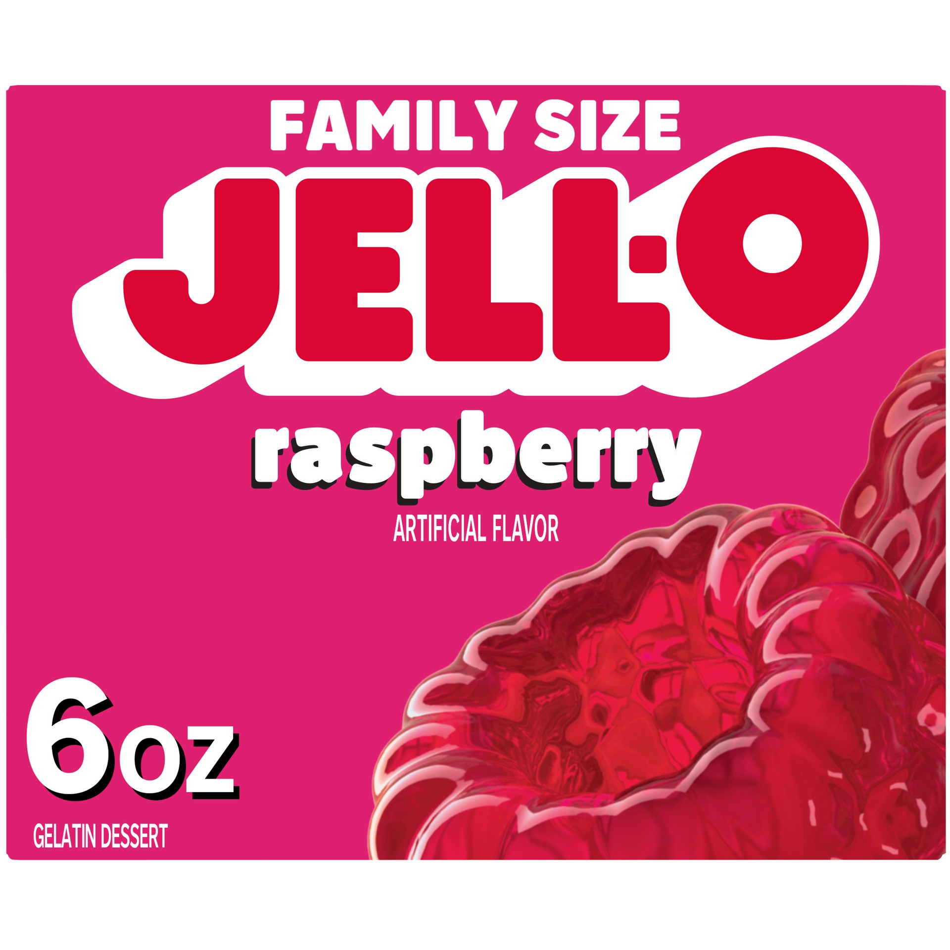 slide 1 of 9, Jell-O Raspberry Artificially Flavored Gelatin Dessert Mix, Family Size, 6 oz Box, 6 oz