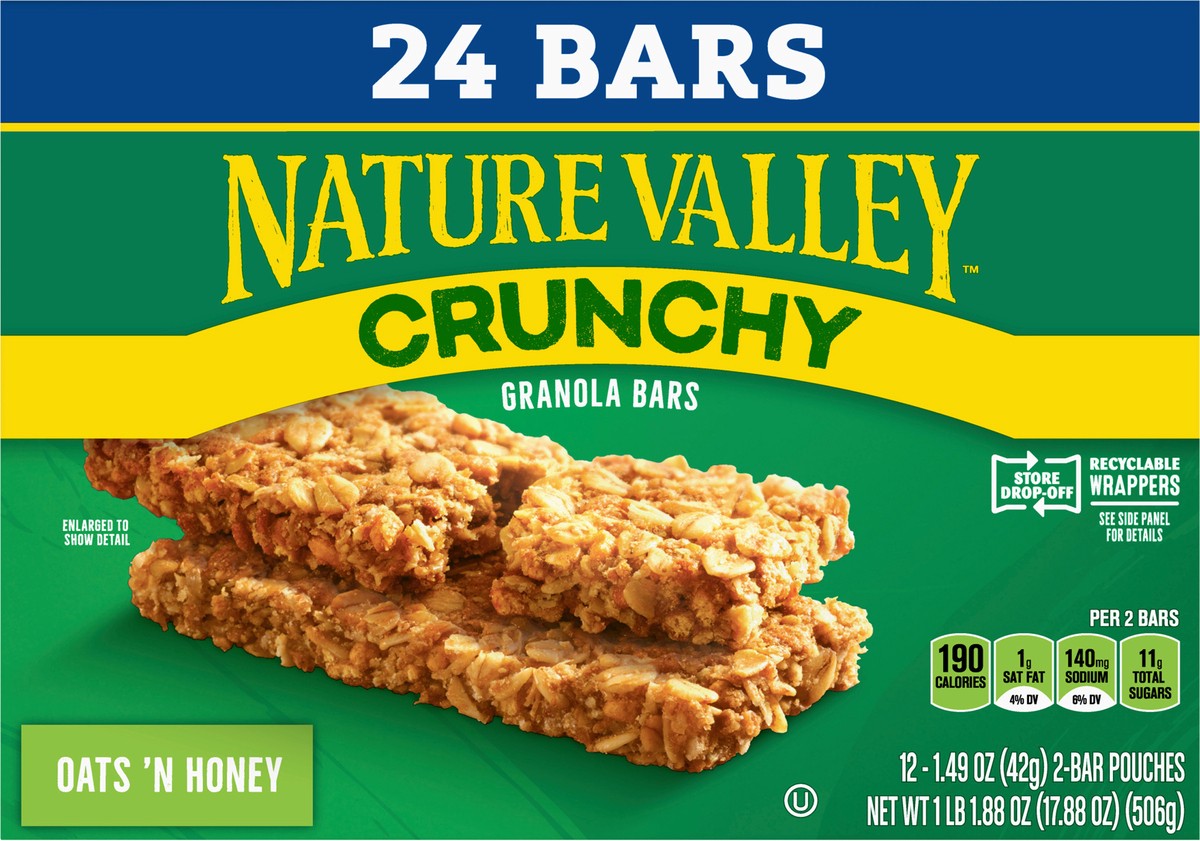 slide 4 of 14, Nature Valley Crunchy Granola Bars, Oats 'n Honey, 17.88 oz, 12 ct, 24 bars, 12 ct
