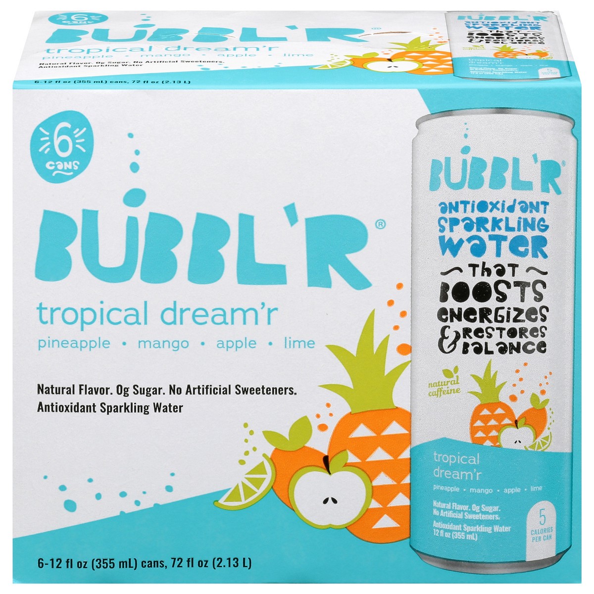 slide 1 of 9, BUBBL'R Antioxidant Tropical Dream'r Sparkling Water 6 - 12 fl oz Cans, 6 ct; 12 fl oz