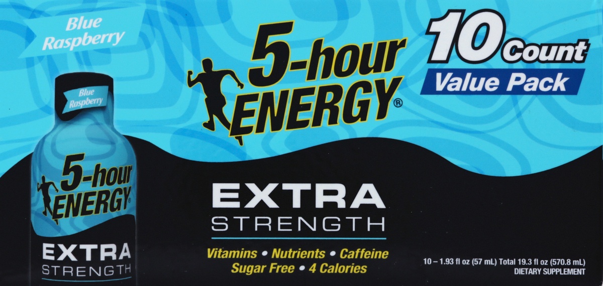 slide 8 of 9, 5-hour ENERGY Shot, Extra Strength, Blue Raspberry, 10 ct; 1.93 oz