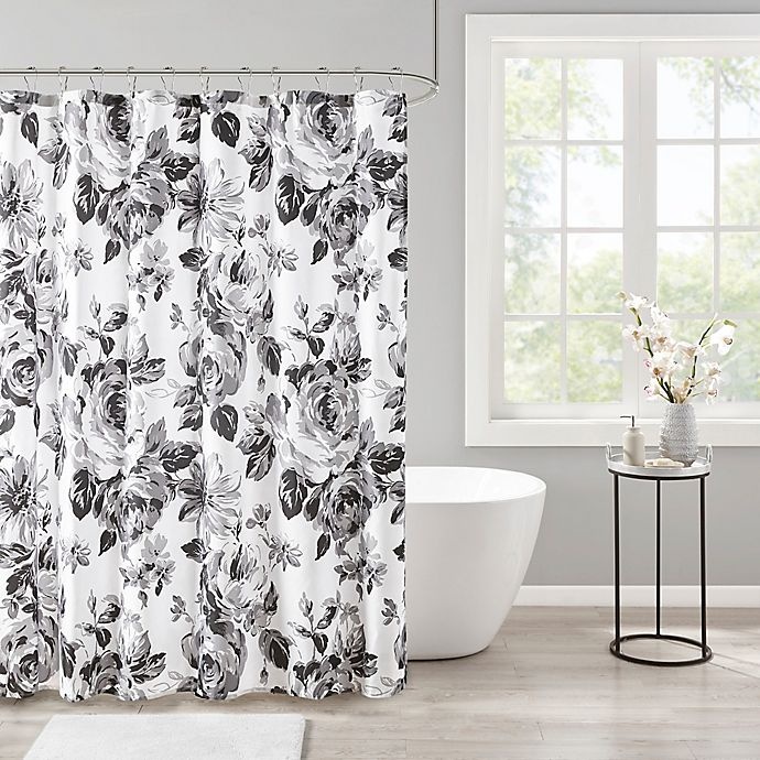 slide 1 of 4, Intelligent Design Dorsey Floral Print Shower Curtain - Black/White, 1 ct