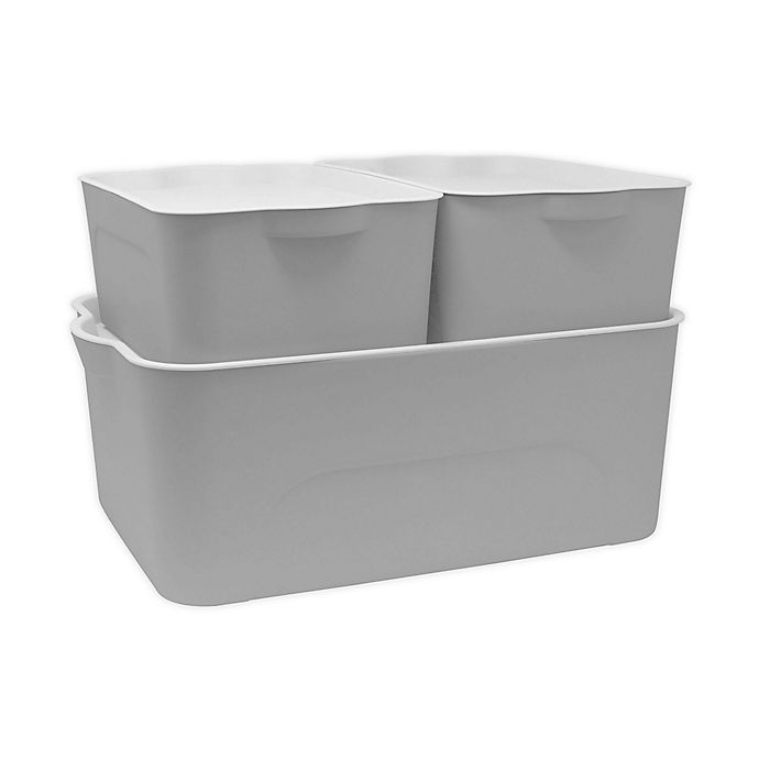 slide 1 of 1, Heritage Plastic Storage Bins with Lids - Light Grey, 3 ct