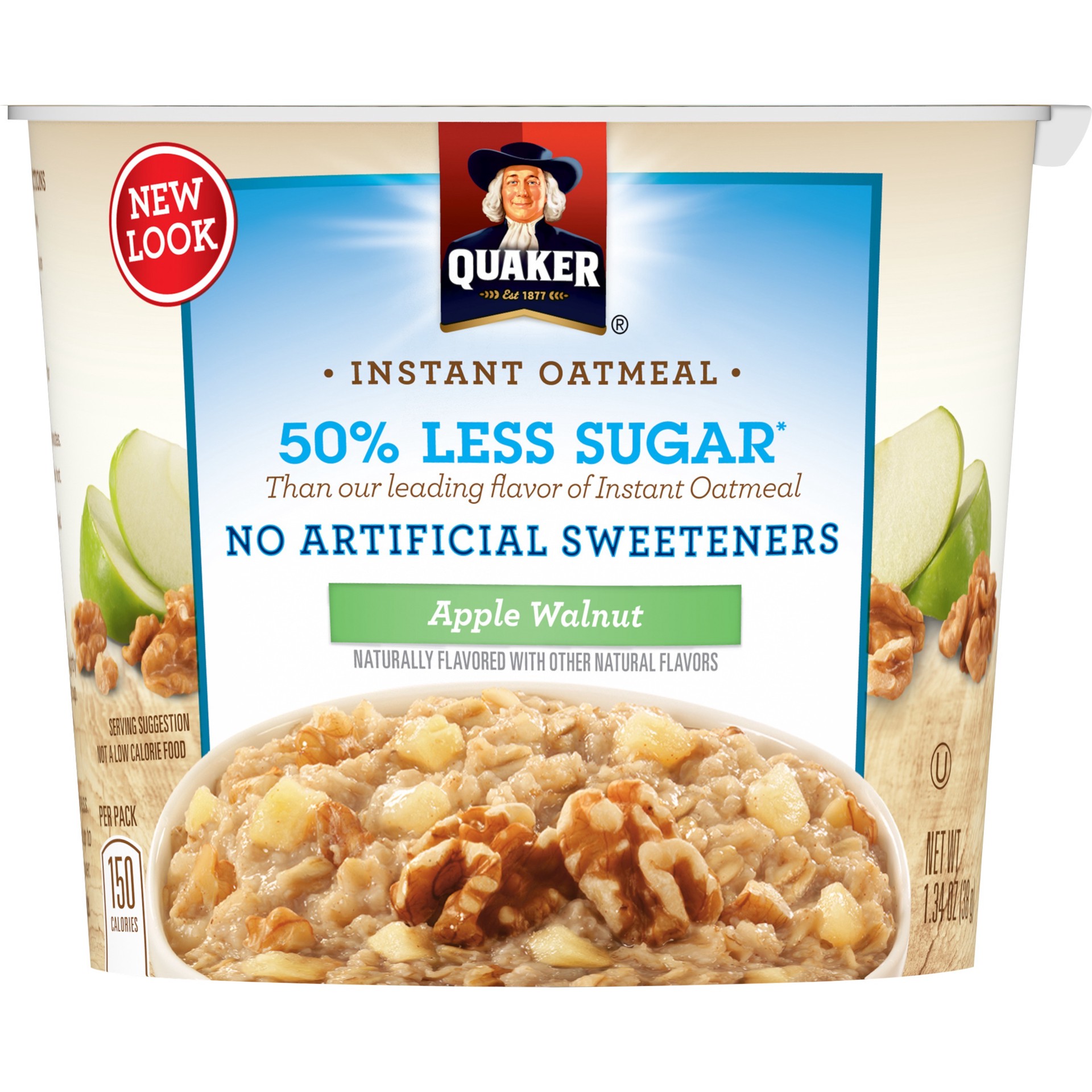 slide 1 of 1, Quaker 50% Less Sugar Apple Walnut Instant Oatmeal 1.34 Ounce Cup, 1.34 oz