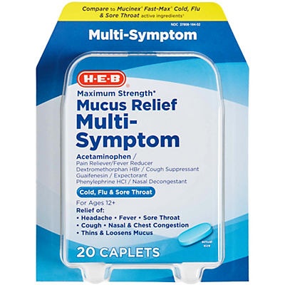 slide 1 of 1, H-E-B Mucus Relief Cold Flu & Sore Throat Maximum Strength, 20 ct