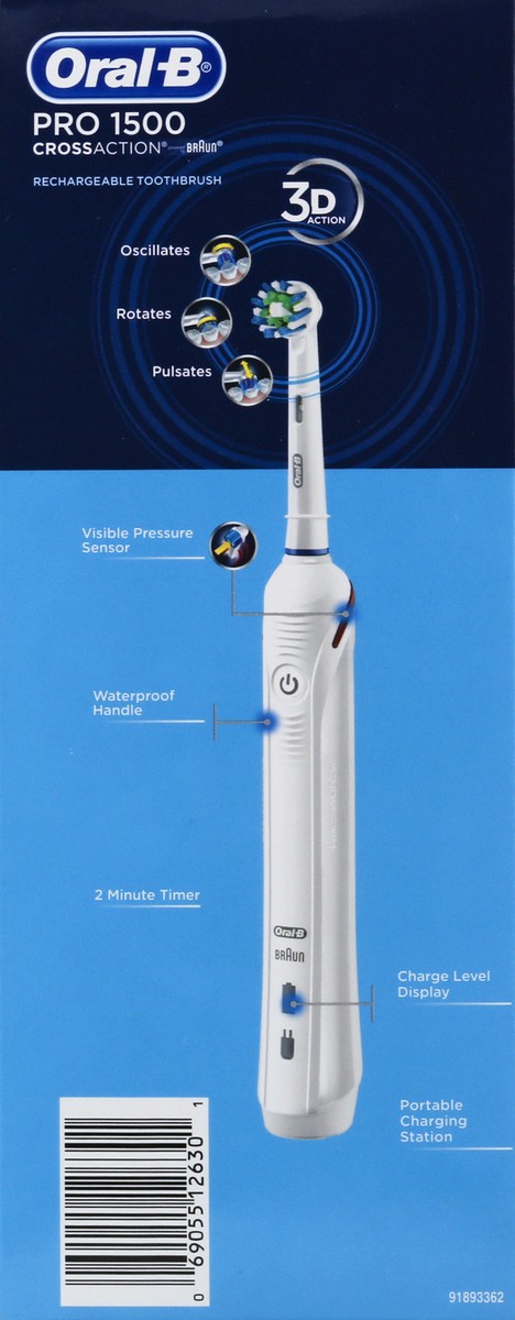 slide 3 of 6, Oral-B Pro 1500 CrossAction Electric Power Rechargeable Battery Toothbrush, Powered by Braun, 1 ct