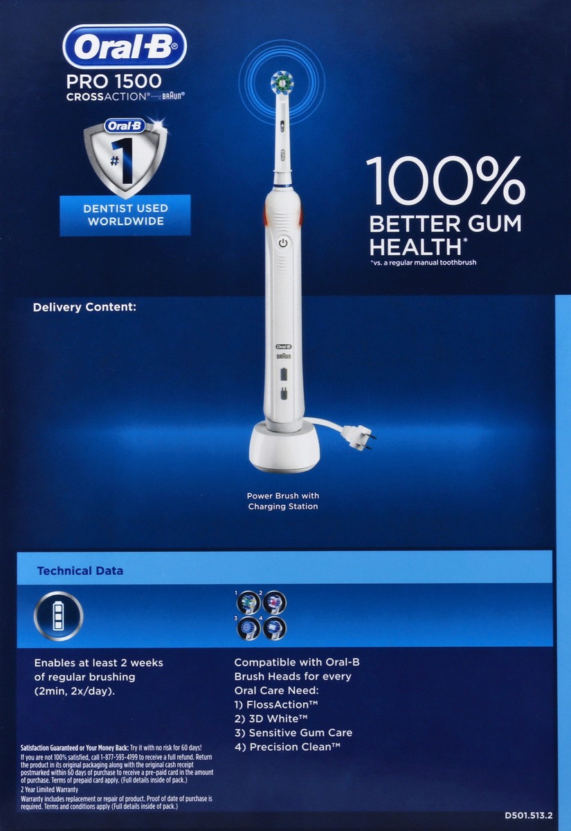 slide 6 of 6, Oral-B Pro 1500 CrossAction Electric Power Rechargeable Battery Toothbrush, Powered by Braun, 1 ct