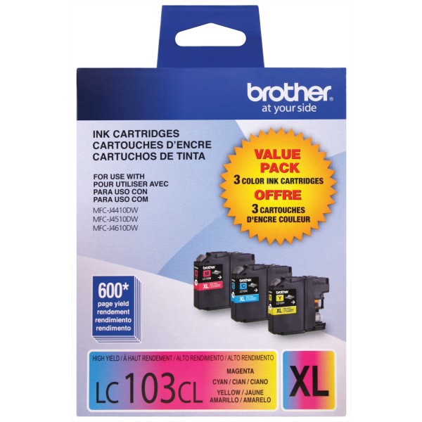 slide 3 of 8, Brother® LC103 Cyan, Magenta, Yellow Ink Cartridges, Pack Of 3, LC1033PKS, 3 ct