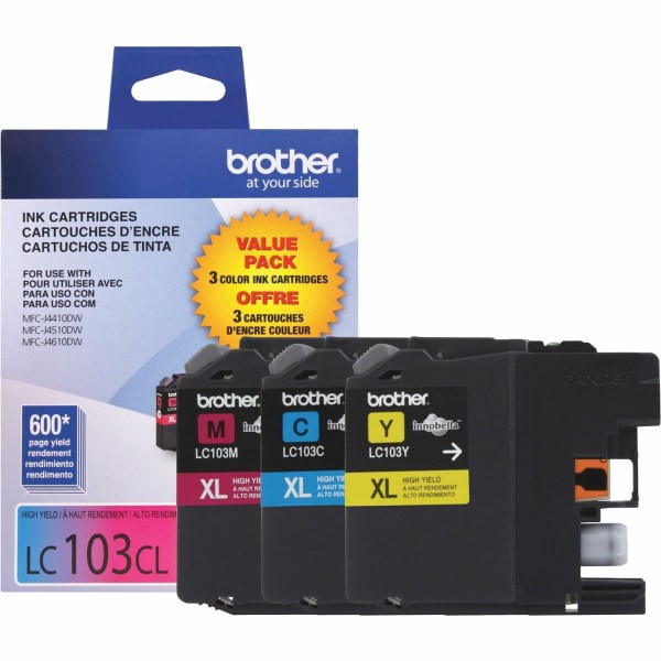 slide 8 of 8, Brother® LC103 Cyan, Magenta, Yellow Ink Cartridges, Pack Of 3, LC1033PKS, 3 ct