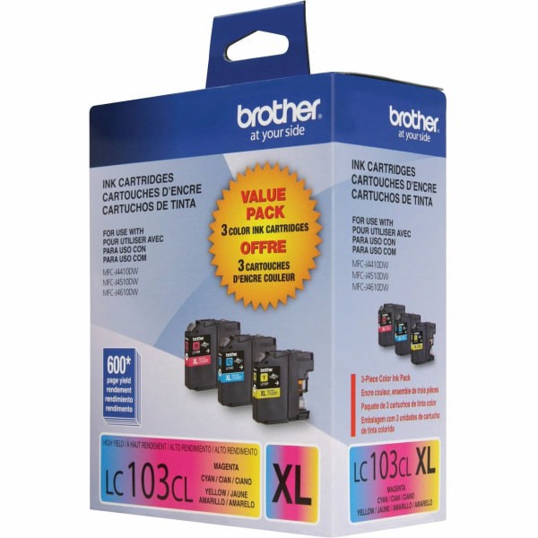 slide 4 of 8, Brother® LC103 Cyan, Magenta, Yellow Ink Cartridges, Pack Of 3, LC1033PKS, 3 ct