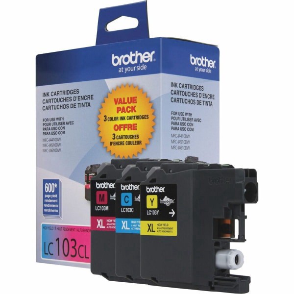 slide 2 of 8, Brother® LC103 Cyan, Magenta, Yellow Ink Cartridges, Pack Of 3, LC1033PKS, 3 ct
