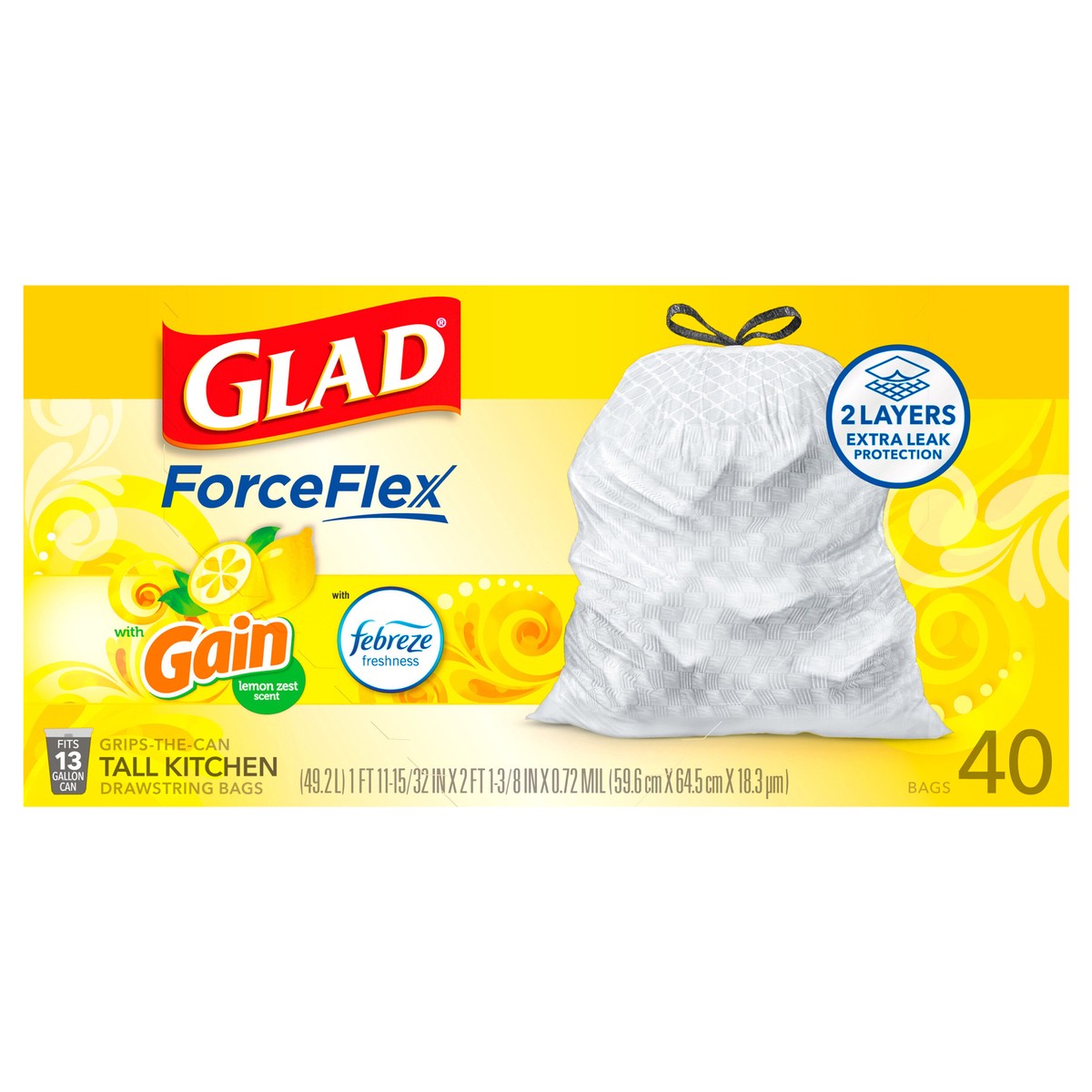 slide 2 of 2, Glad Force Flex Drawstring Citrus Zest Odor Shield 13 Gallon 40ct, 40 ct