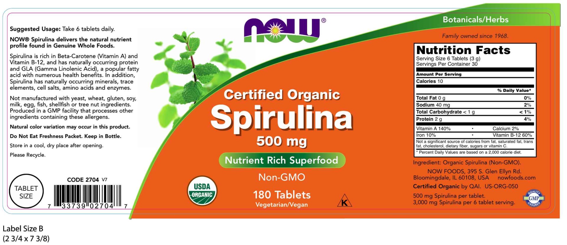 slide 2 of 2, NOW Organic Spirulina 500 Mg, 180 ct
