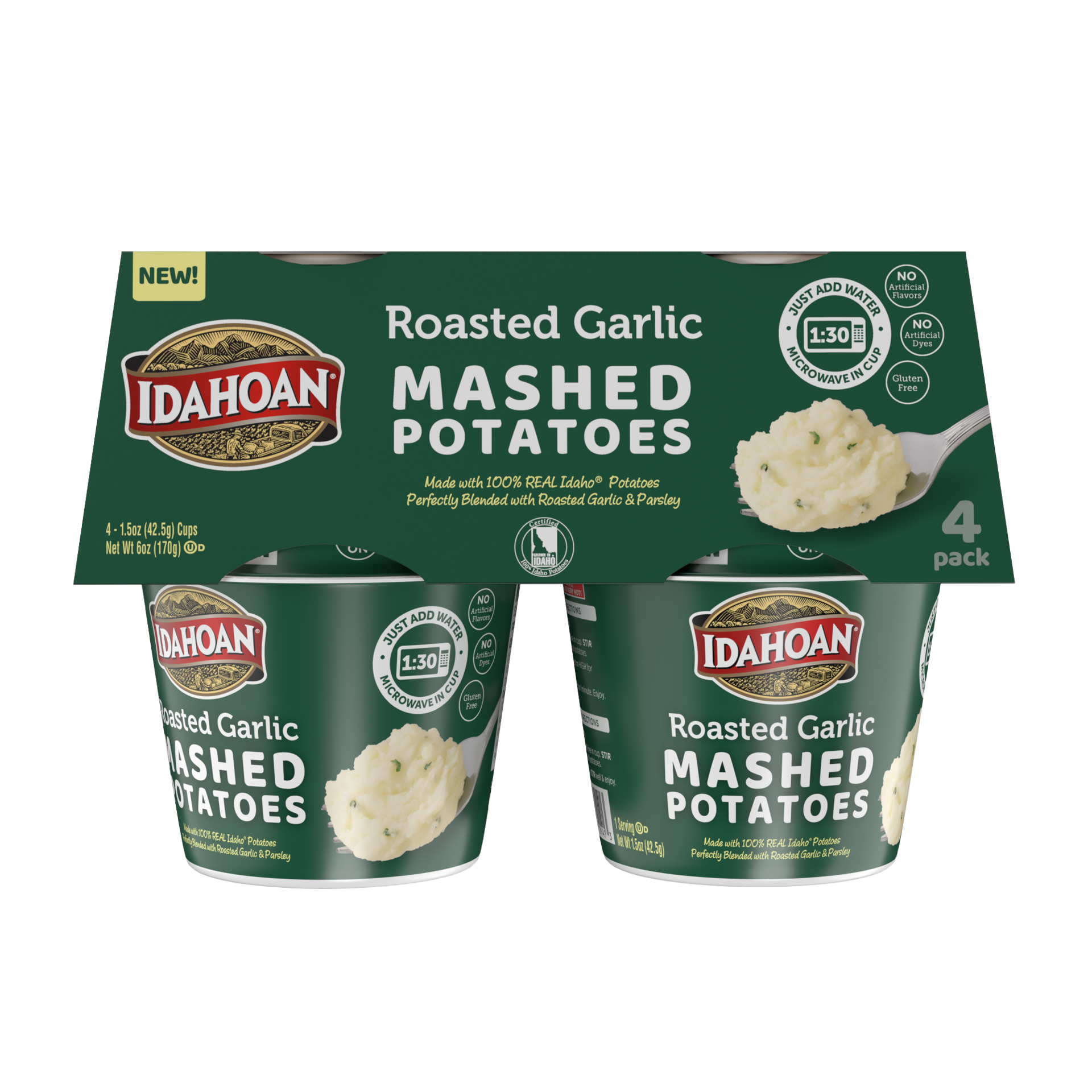 slide 4 of 5, Idahoan Roasted Garlic Mashed Potatoes Cup 4-pack, 4 ct