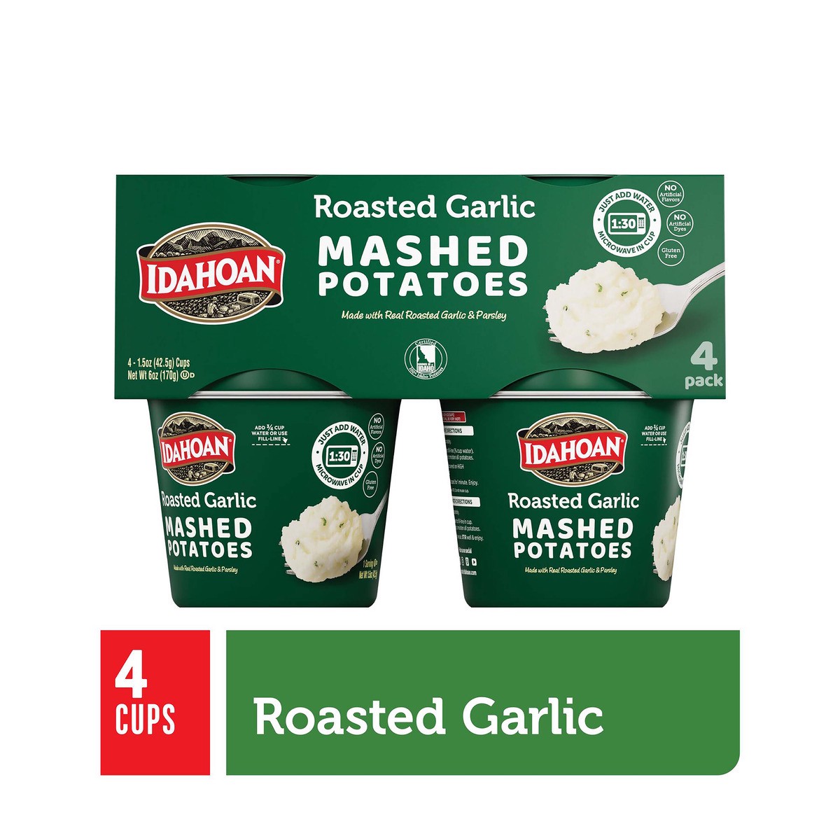 slide 1 of 5, Idahoan Roasted Garlic Mashed Potatoes Cup 4-pack, 4 ct