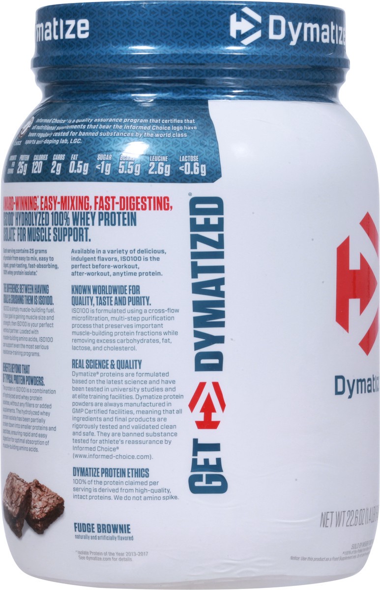 slide 9 of 14, Dymatize Iso100 Hydrolyzed Protein Powder, Fudge Brownie, 22.6 oz