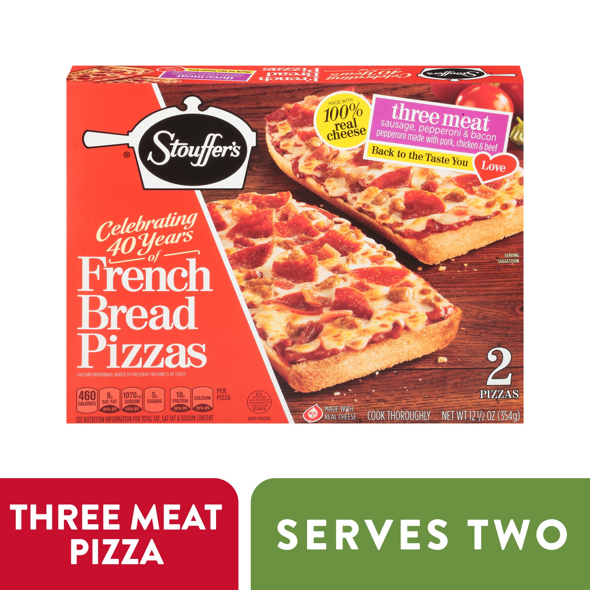 slide 2 of 8, Stouffer's Frozen Pizza - Three Meat French Bread Pizza, 12.5 oz
