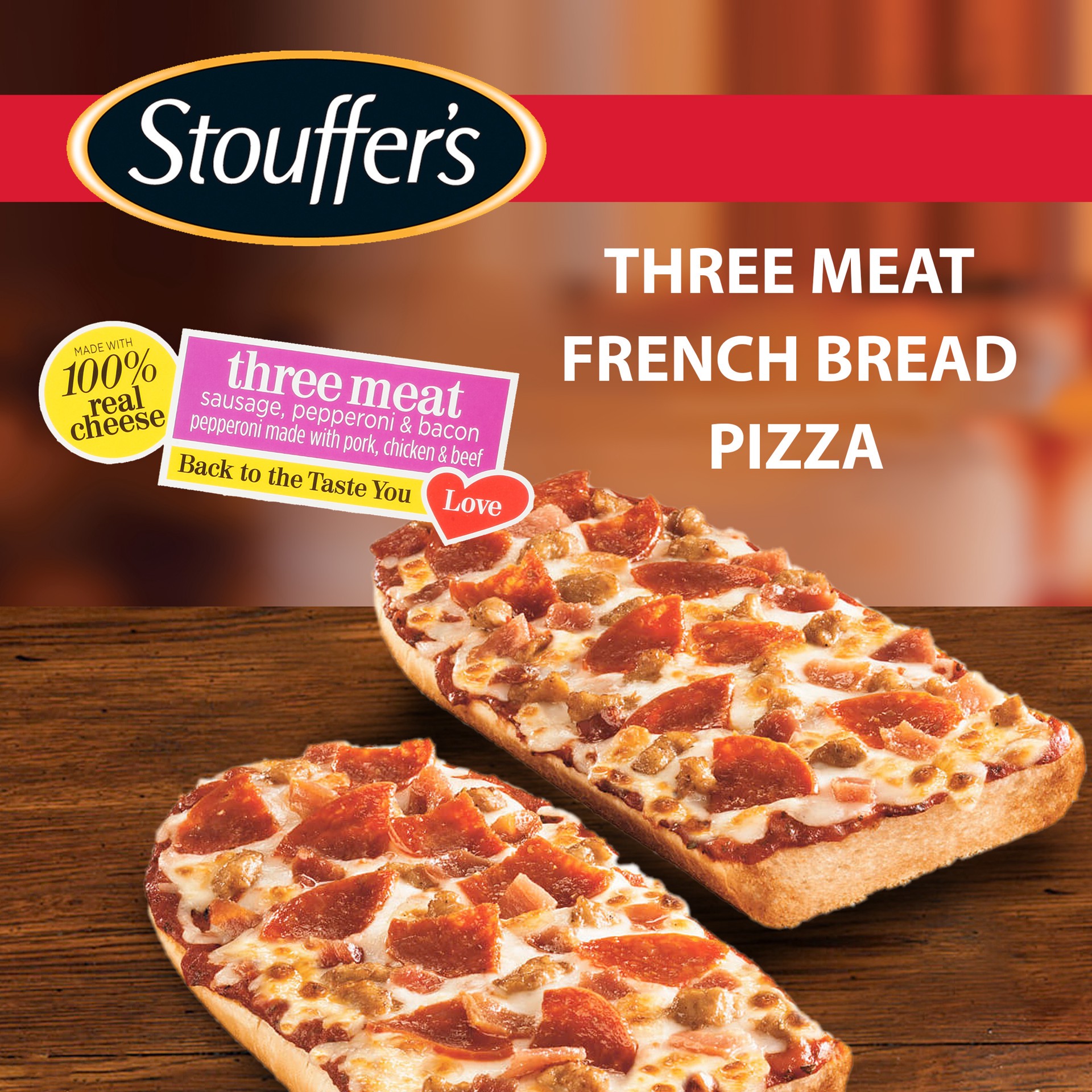 slide 1 of 8, Stouffer's Frozen Pizza - Three Meat French Bread Pizza, 12.5 oz