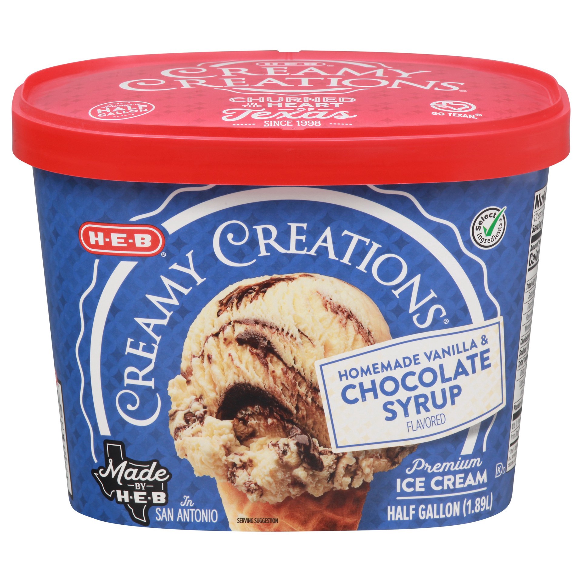 slide 1 of 1, H-E-B Creamy Creations Homemade Vanilla and Chocolate Syrup Ice Cream, 64 fl oz