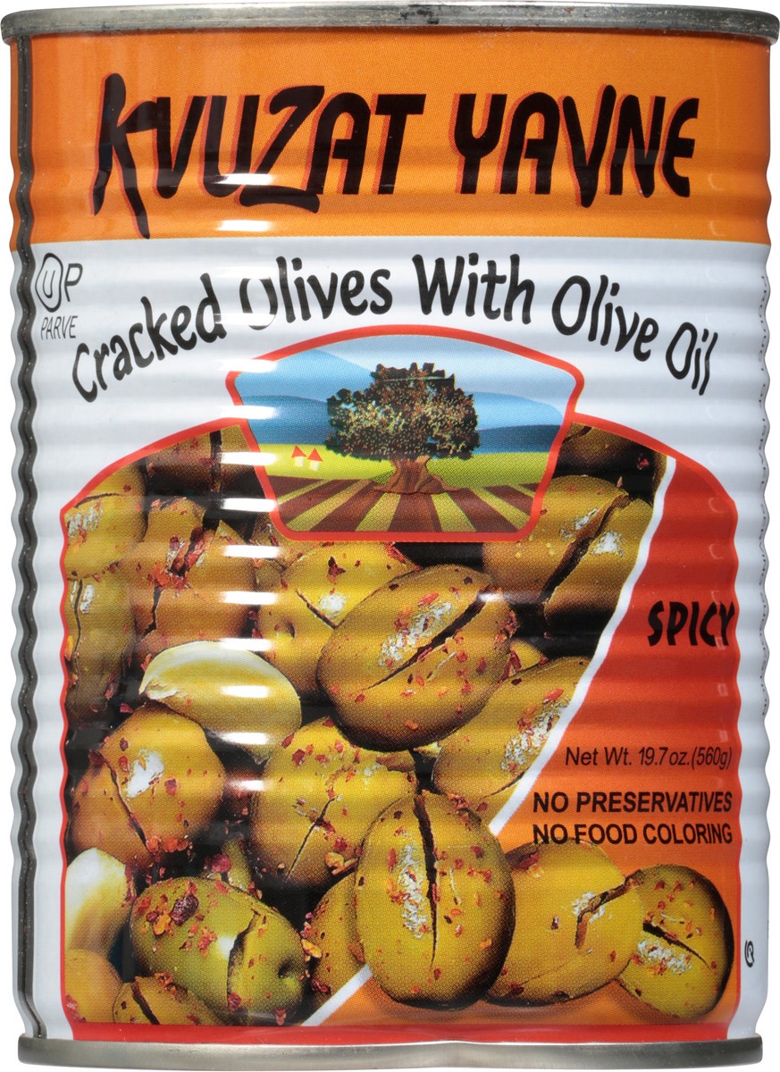 slide 7 of 9, Kzuzat Yavne Cracked Olives, Spicy, 19 oz