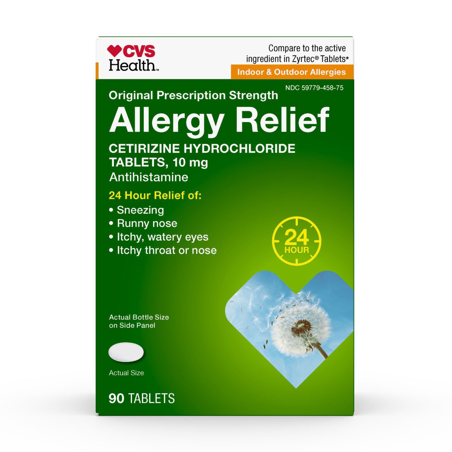 slide 1 of 1, Cvs Health 24Hr Allergy Relief Tablets, 10Mg Cetirizine Hcl, 90 Ct, 90 ct