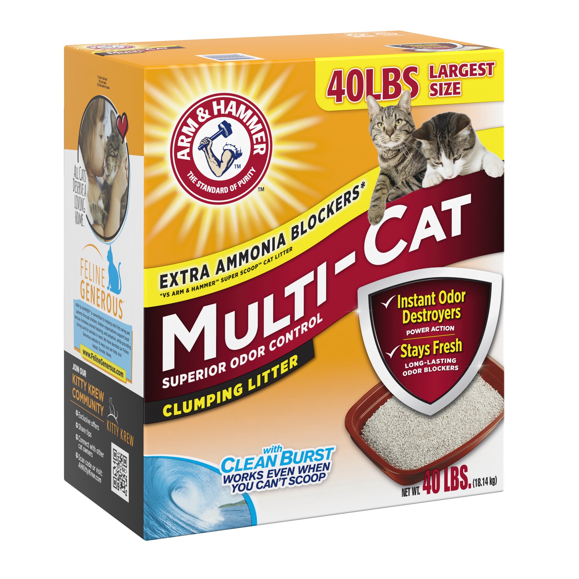 slide 5 of 5, ARM & HAMMER Multi-Cat Superior Odor Control with Clean Burst Clumping Cat Litter, 40 lb, 40 lb