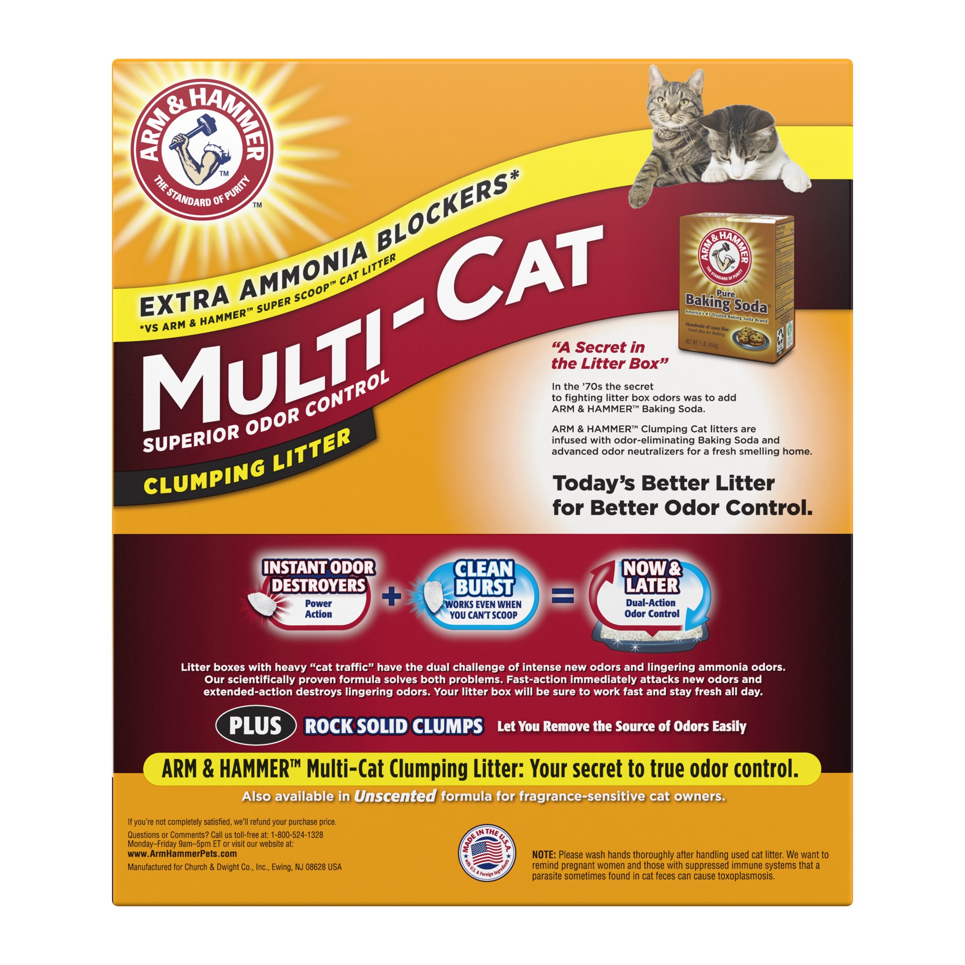 slide 3 of 5, ARM & HAMMER Multi-Cat Superior Odor Control with Clean Burst Clumping Cat Litter, 40 lb, 40 lb