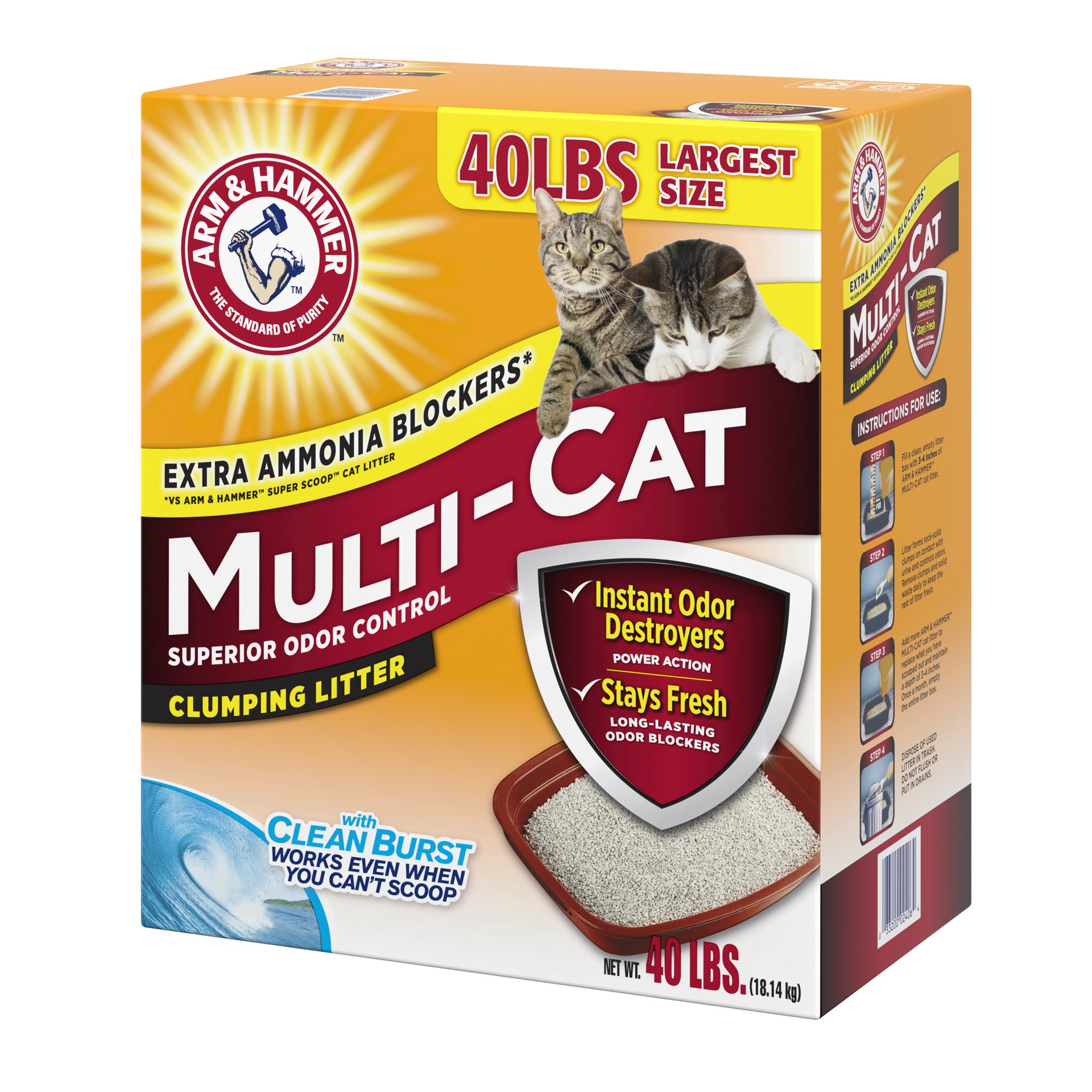 slide 4 of 5, ARM & HAMMER Multi-Cat Superior Odor Control with Clean Burst Clumping Cat Litter, 40 lb, 40 lb