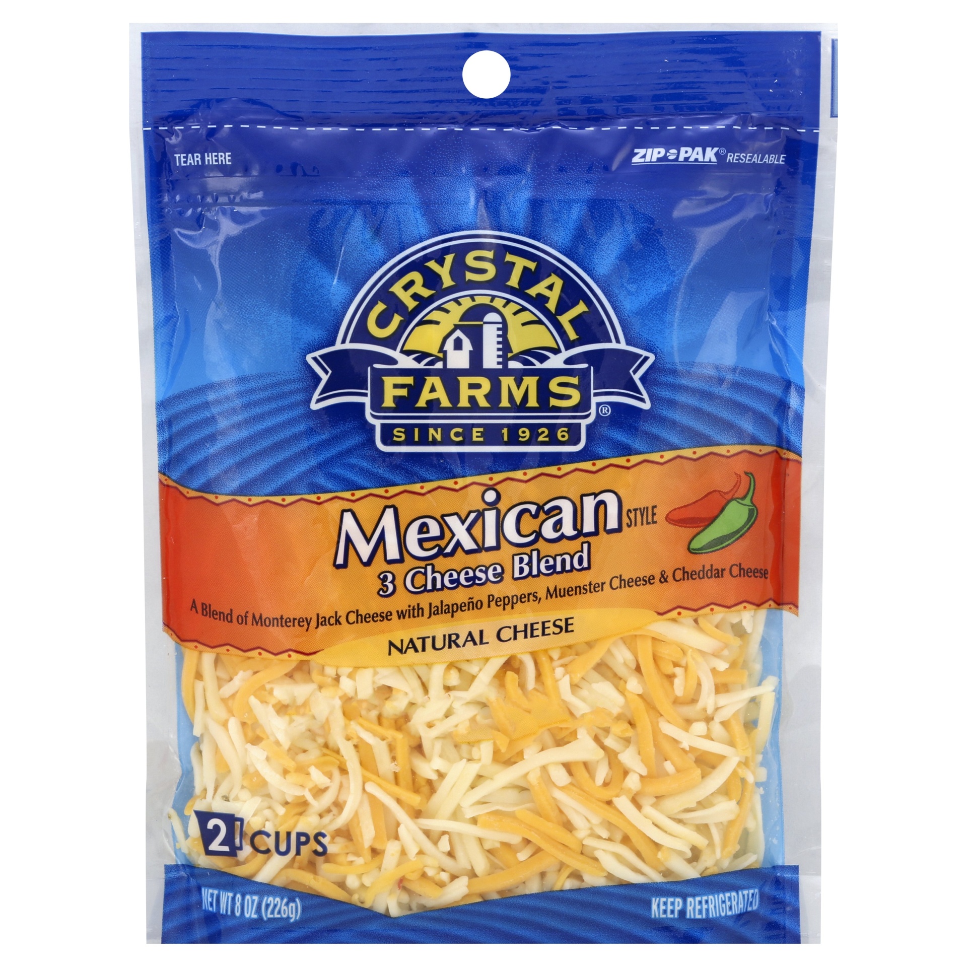 slide 1 of 1, Crystal Farms Mexican 3 Cheese Blend Shredded Cheese, 8 oz