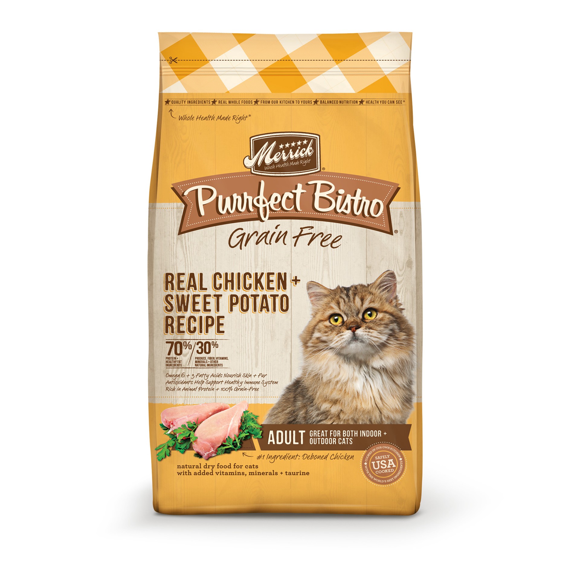 slide 1 of 4, Merrick Purrfect Bistro Grain Free Natural Dry Cat Food For Adult Cats, Real Chicken And Sweet Potato Recipe, 7 lb