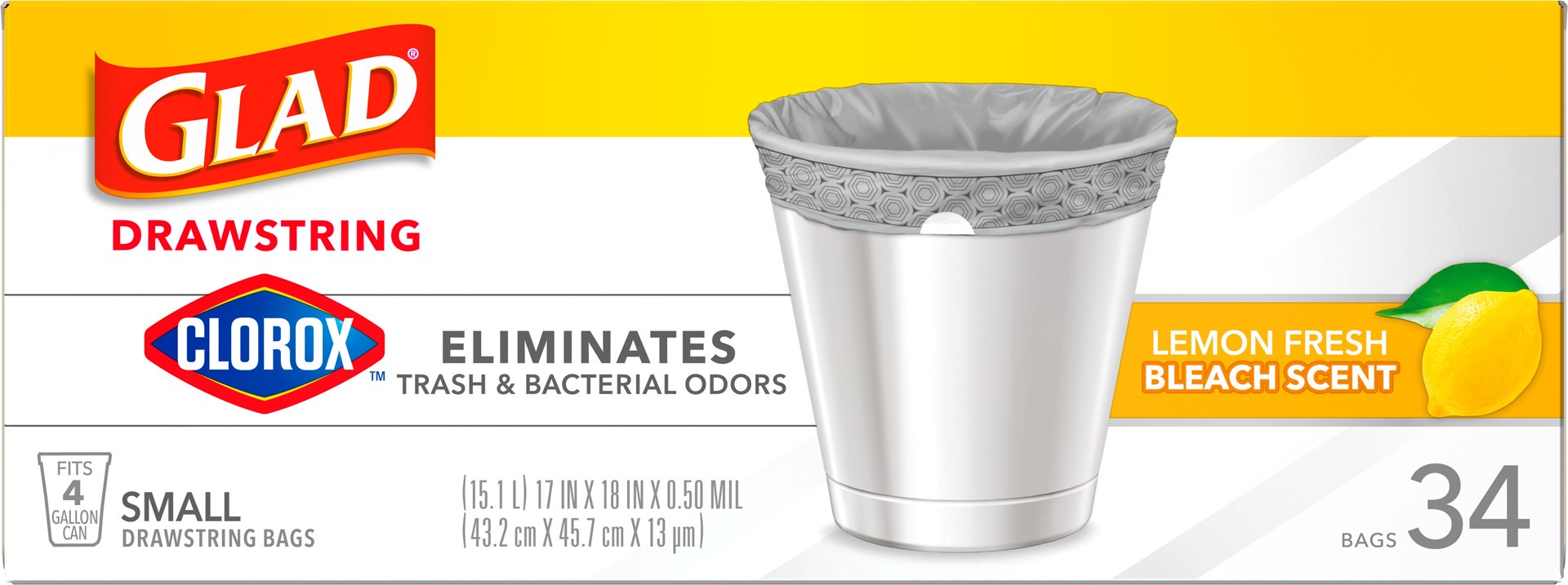 slide 5 of 5, Glad with Clorox Small Drawstring Lemon Fresh Bleach Scent Trash Bags, 34 ct