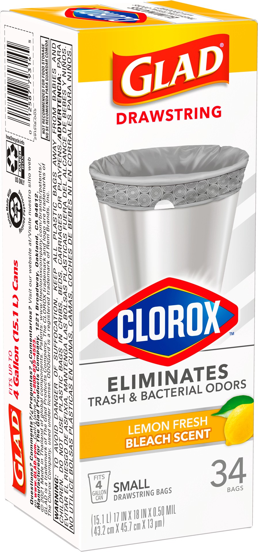 slide 3 of 5, Glad with Clorox Small Drawstring Lemon Fresh Bleach Scent Trash Bags, 34 ct