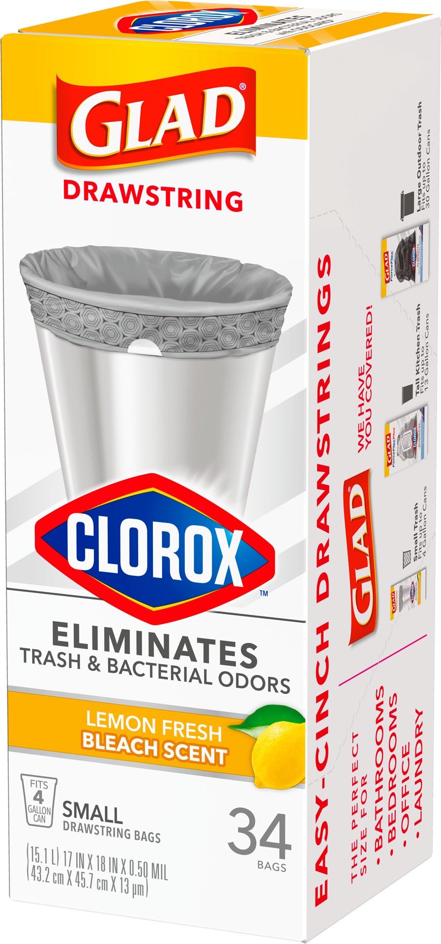 slide 4 of 5, Glad with Clorox Small Drawstring Lemon Fresh Bleach Scent Trash Bags, 34 ct