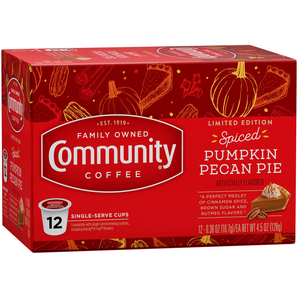 slide 5 of 9, Community Coffee Spiced Pumpkin Pecan Pie Coffee Single-Serve Cups - 4.5 oz, 4.5 oz