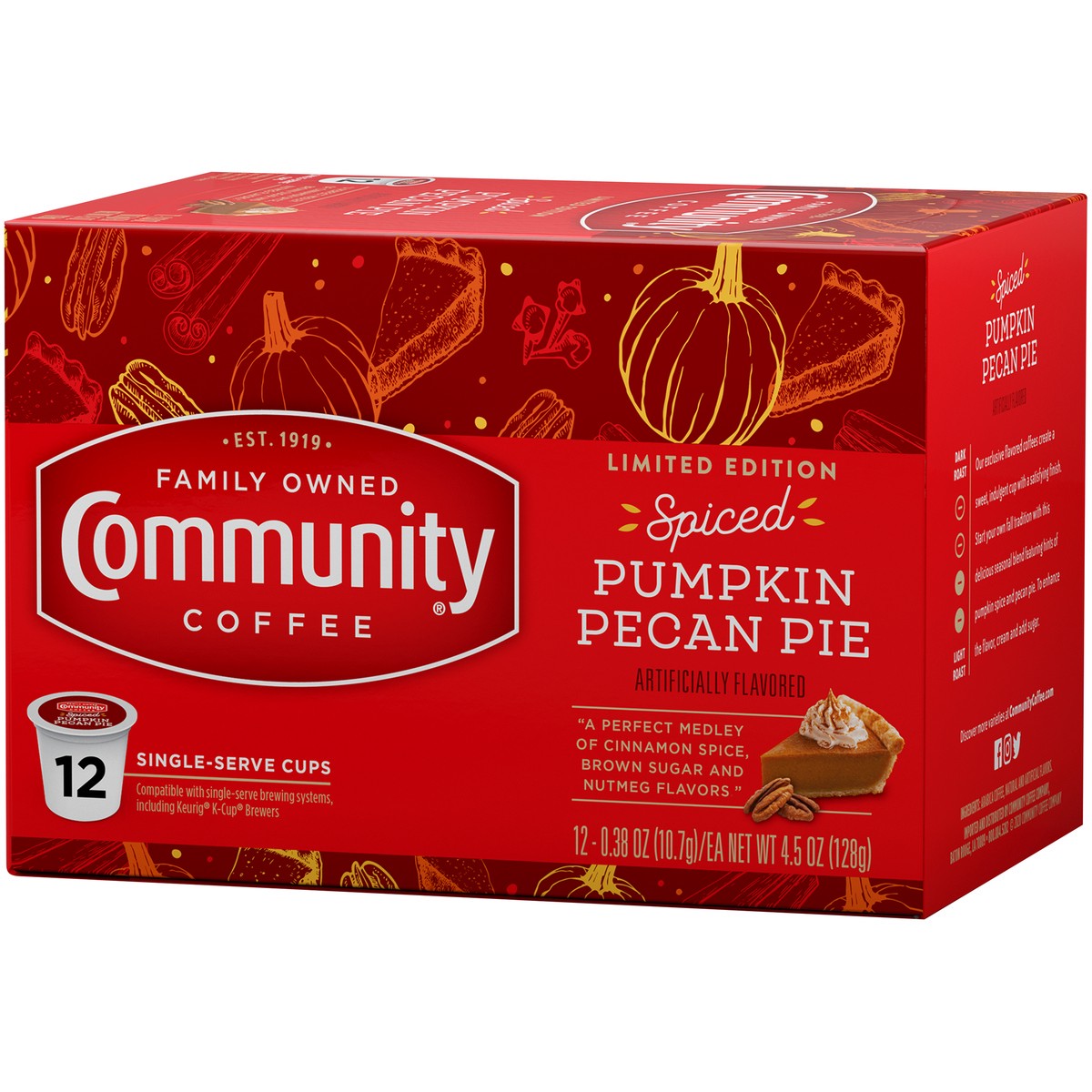 slide 2 of 9, Community Coffee Spiced Pumpkin Pecan Pie Coffee Single-Serve Cups - 4.5 oz, 4.5 oz