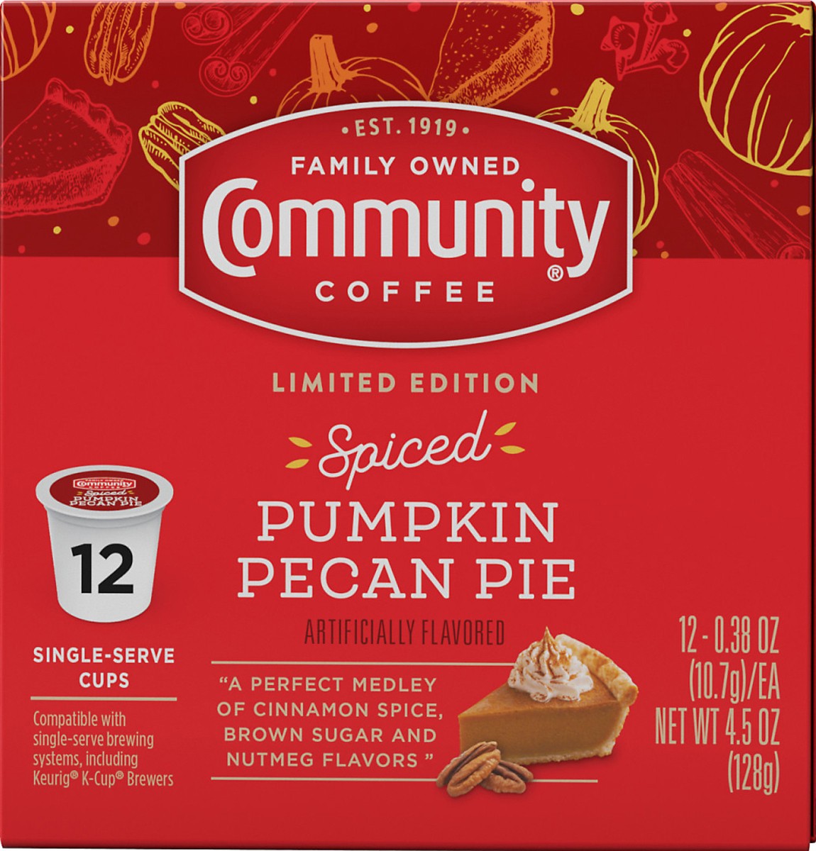 slide 4 of 9, Community Coffee Spiced Pumpkin Pecan Pie Coffee Single-Serve Cups - 4.5 oz, 4.5 oz