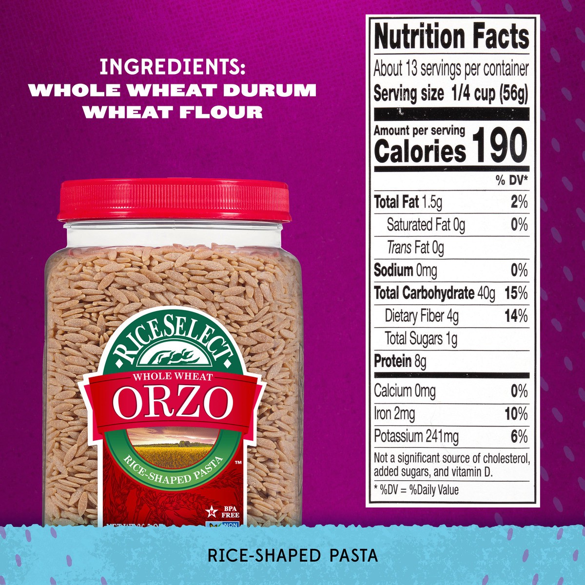 slide 4 of 5, RiceSelect Orzo, Whole Wheat, 26.5 oz