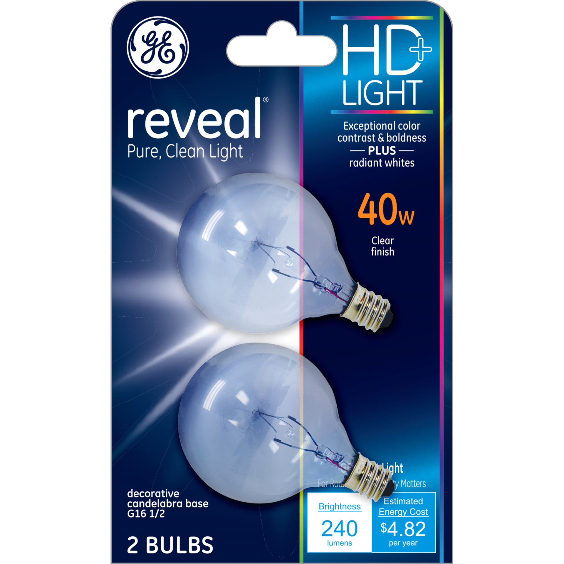 slide 1 of 1, GE Reveal 40 Watt G16.5 Decorative Globe, Clear Bulb, 2 ct