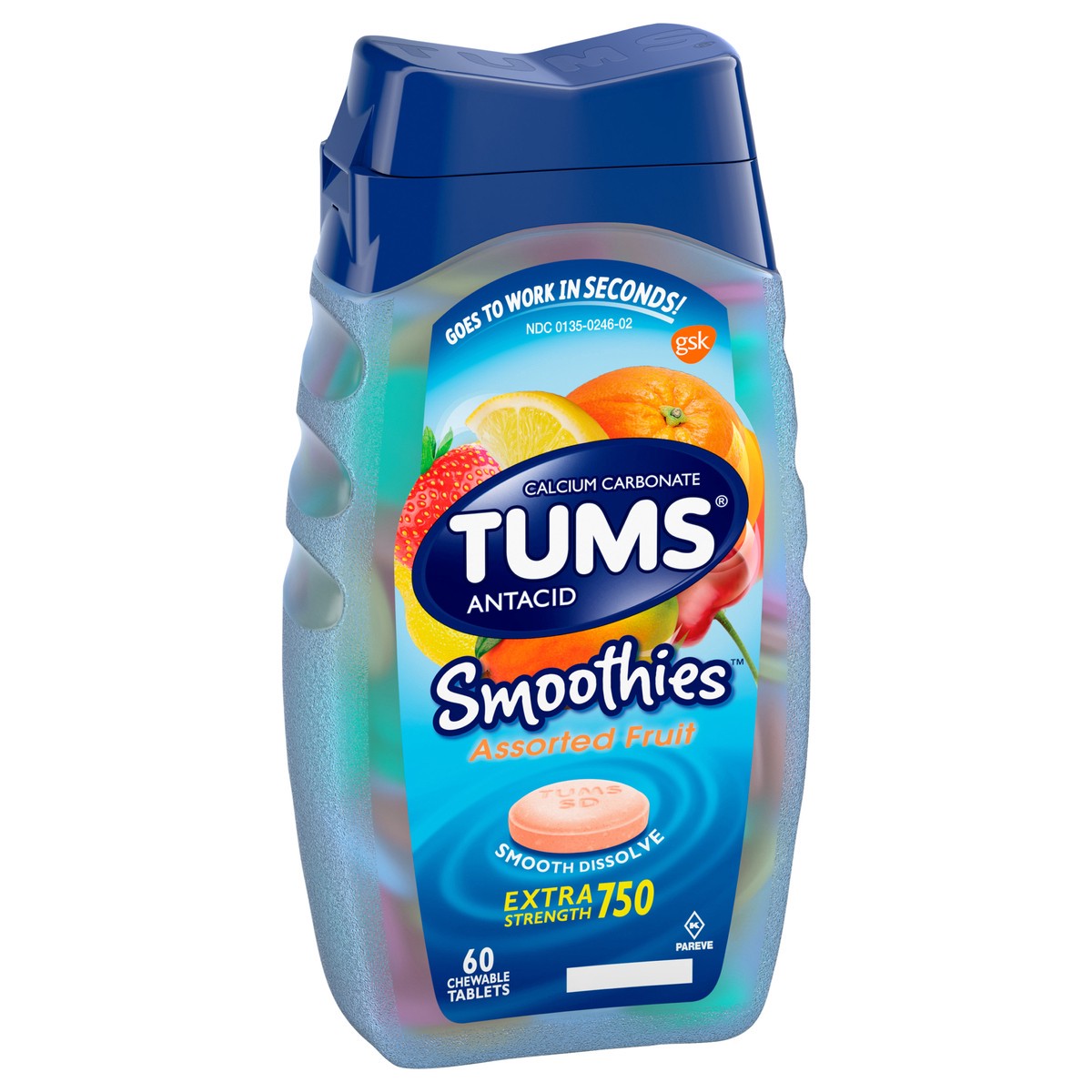 slide 2 of 5, TUMS Extra Strength Smoothies Assorted Fruit Antacid Chewable Tablets - 60ct, 60 ct