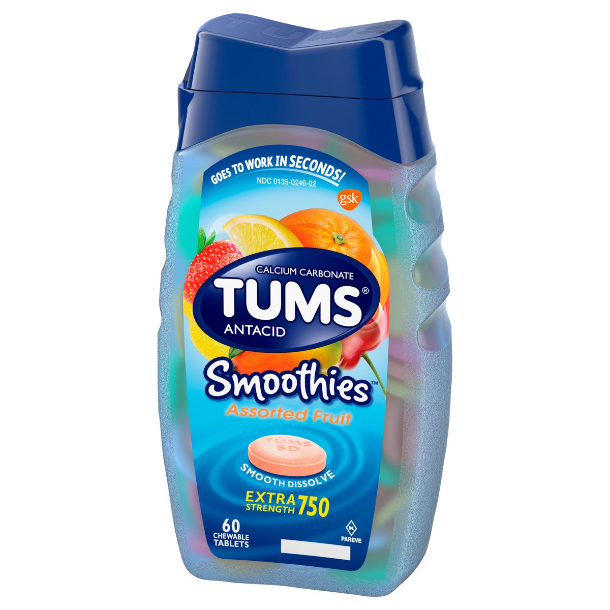 slide 3 of 5, TUMS Extra Strength Smoothies Assorted Fruit Antacid Chewable Tablets - 60ct, 60 ct