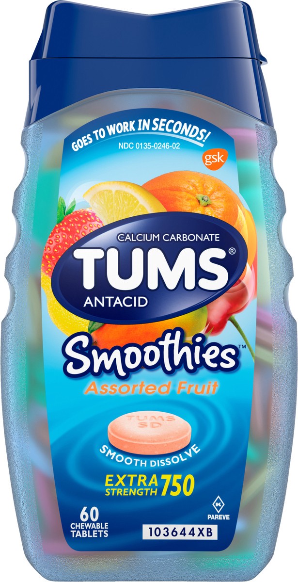 slide 5 of 5, TUMS Extra Strength Smoothies Assorted Fruit Antacid Chewable Tablets - 60ct, 60 ct
